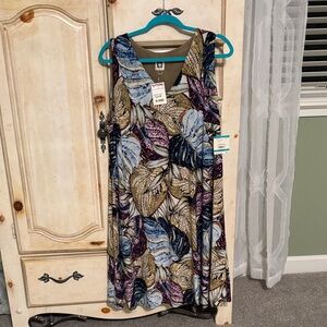 Anne Klein Blue and Gold Leaf Print Midi Dress